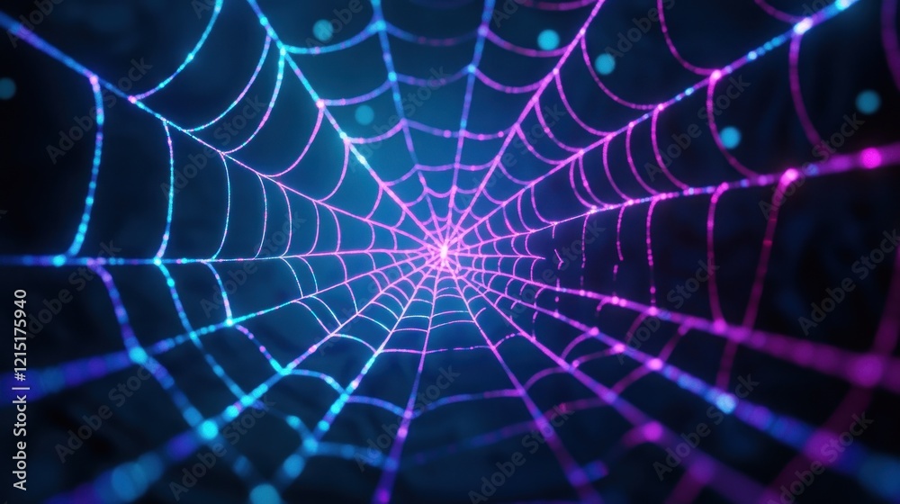 Fototapeta premium Glowing neon spiderweb tunnel, dark background, Halloween