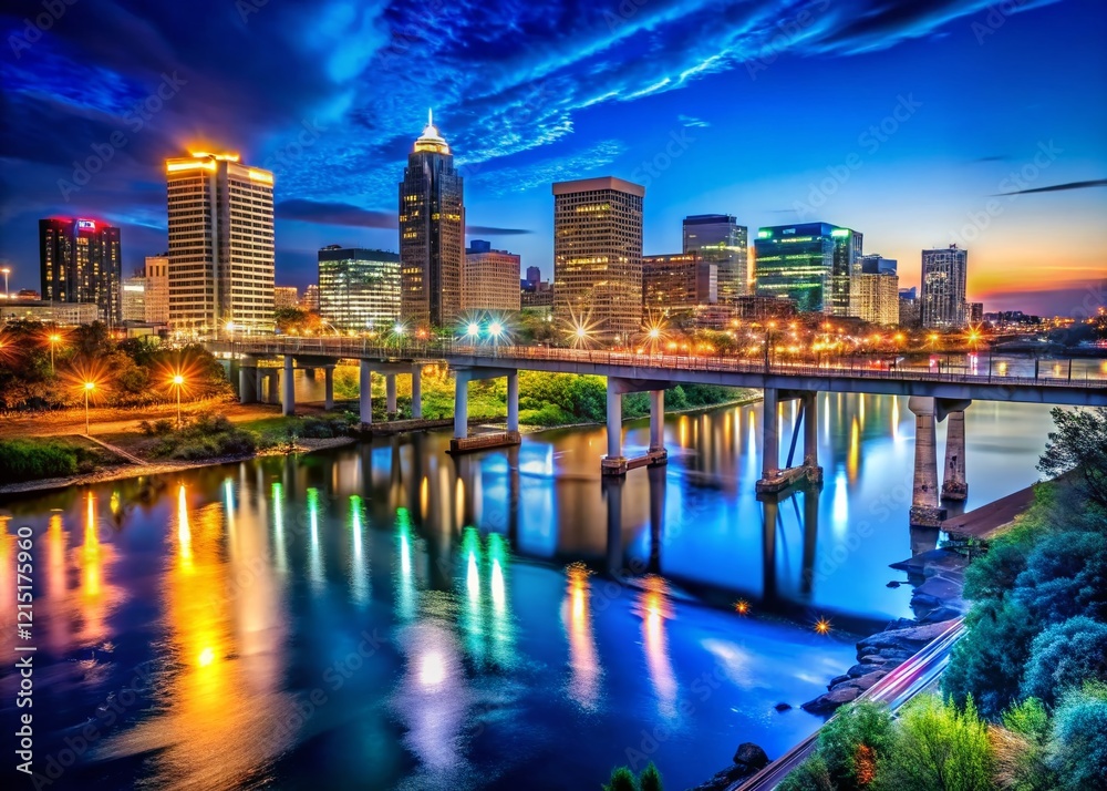 Naklejka premium Night Photography: Richmond, Virginia Skyline, Cityscape, Urban, Downtown