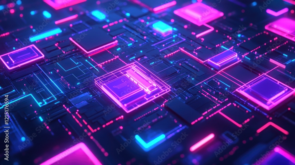Neon Circuit Board Glowing, Abstract Tech Background, Digital Design Neon Circuit Board Glowing, Abstract Tech Background, Digital Design
