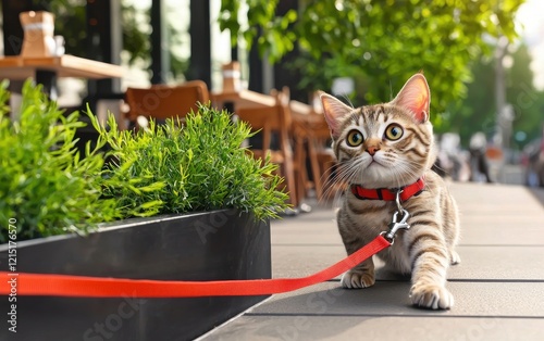 A curious cat on a leash explores a sunny sidewalk lined with greenery and outdoor seating, showcasing a charming urban scene. photo