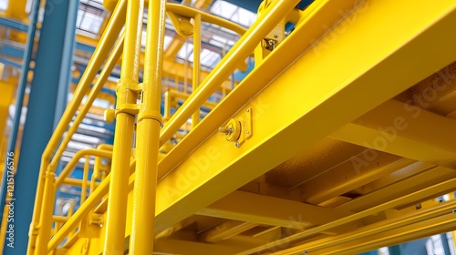 Wallpaper Mural A close-up view of vibrant yellow industrial scaffolding, showcasing structural details in a factory or warehouse setting. Torontodigital.ca