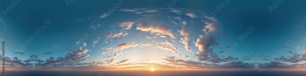 Obraz premium Stunning dark blue sunset sky panorama with cirrus clouds. Seamless spherical equirectangular format. Complete zenith view ideal for 3D visualization game sky replacement. Aerial drone 360 panoramas.