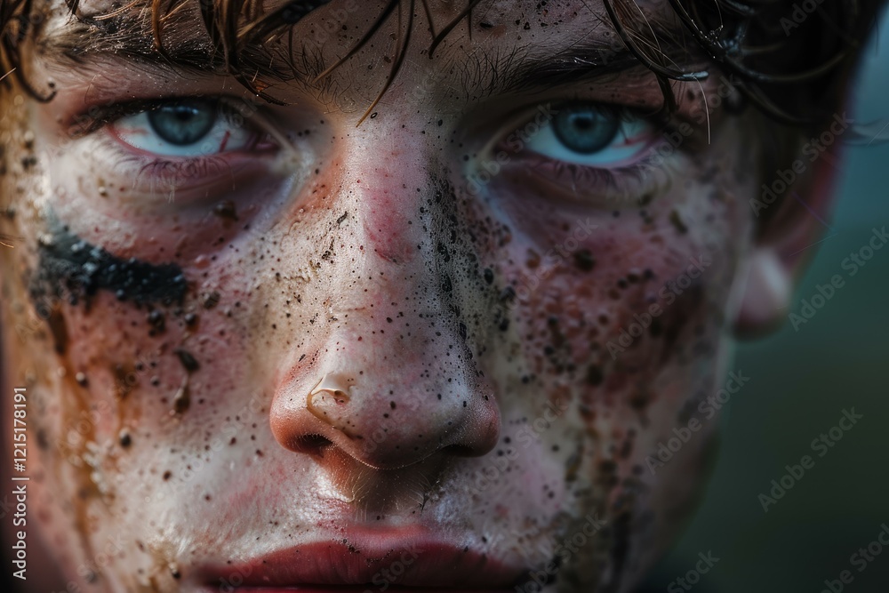 Close up of a determined soldier with a dirty face, highlighting the aftermath of combat Close up of a determined soldier with a dirty face, highlighting the aftermath of combat