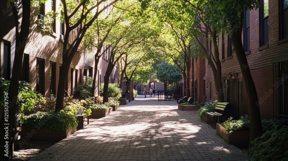 Fototapeta premium A sun-dappled pathway through a quaint alley, lined with trees, invites exploration and offers a peaceful refuge in an urban environment.