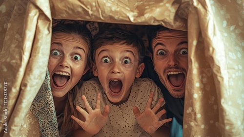 A playful image of a family hiding behind large props to prank the youngest family member, with wide smiles and exaggerated facial expressions