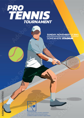 Tennis tournament poster with geometric line background in blue and yellow, quite elegant and sporty. very reflective as a modern sports illustration