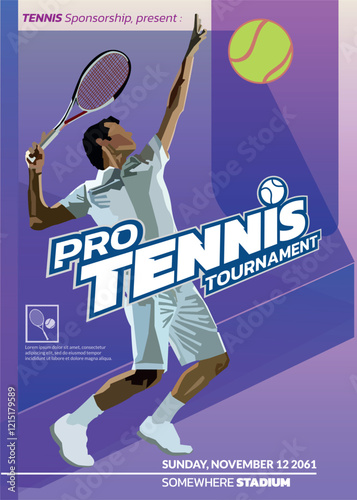 Tennis tournament poster with a minimalist purple theme, quite elegant and sporty. very reflective as a modern sports illustration