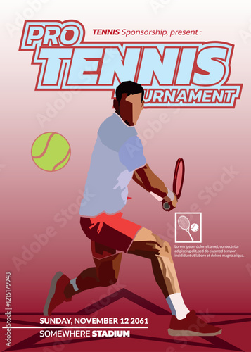 Tennis tournament poster with a minimalist red theme, quite elegant and sporty. very reflective as a modern sports illustration