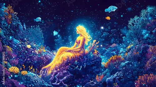 Ethereal Mermaid Sitting on Coral Throne Amidst Bioluminescent Underwater Wonderland