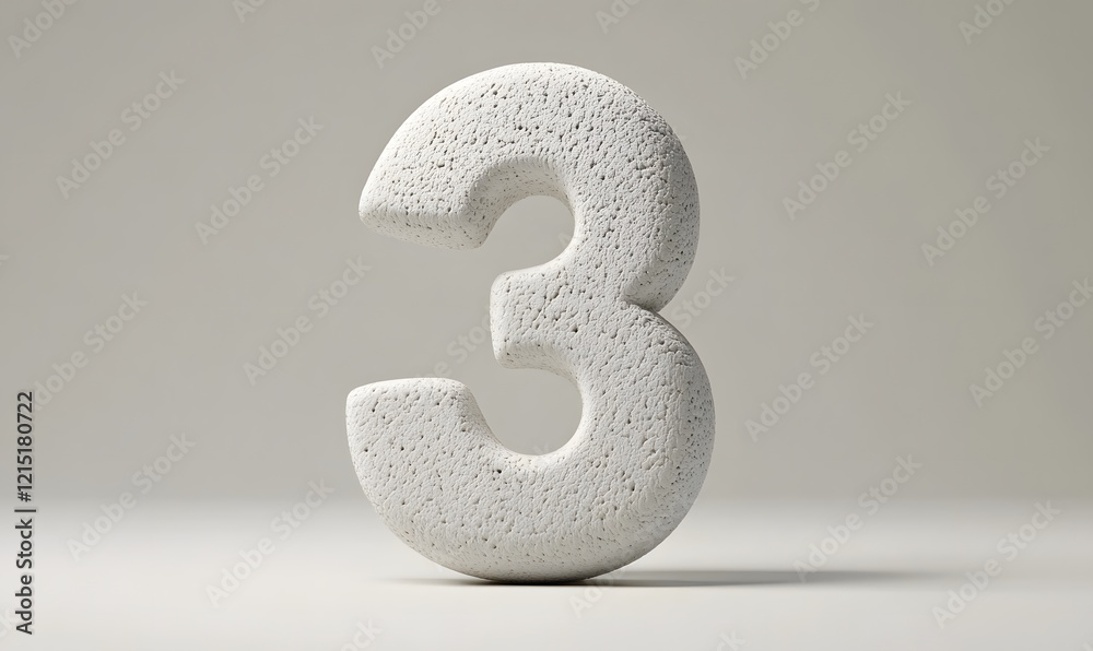White textured 3D number three, studio background, website design element White textured 3D number three, studio background, website design element