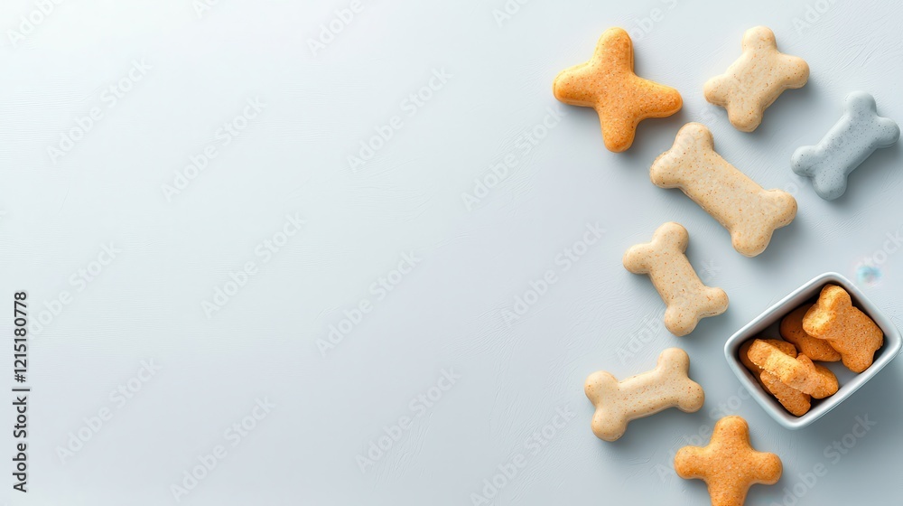 Obraz premium A variety of colorful dog-shaped cookies arranged on a light surface, with some in a small container.