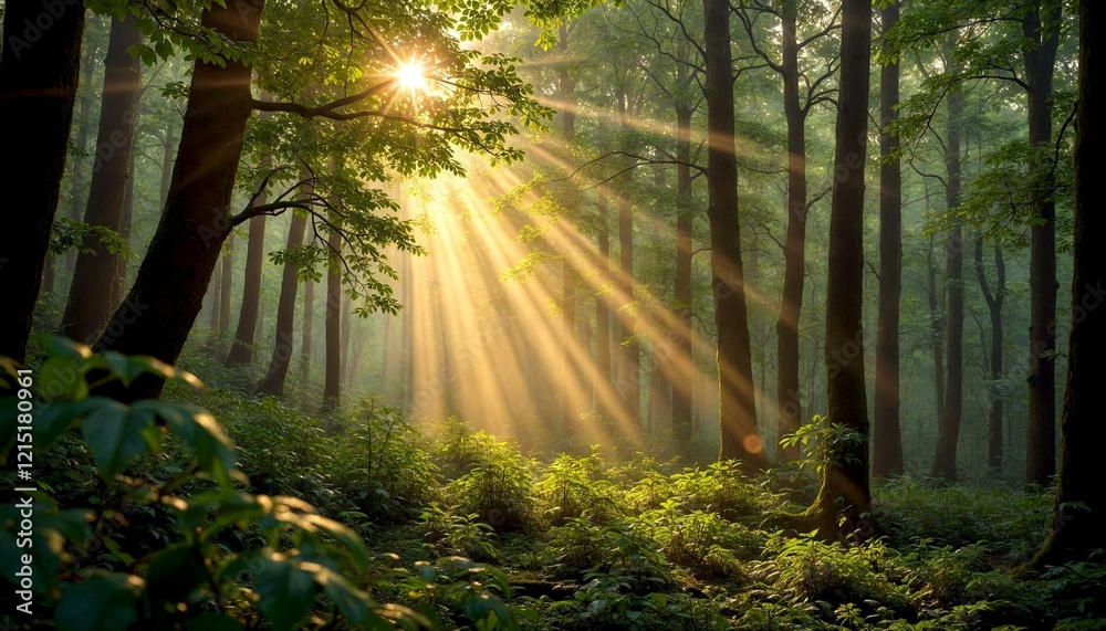 Fototapeta premium Golden Sunlight Through Dense Forest Canopy