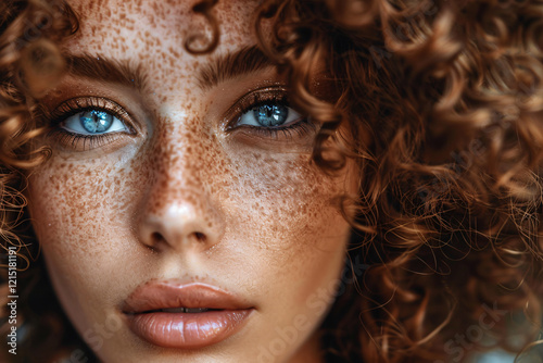 Stunning close-up of woman with freckles and blue eyes