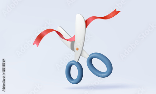 3d vector icon Grand opening inaugural beginning scissors cut red ribbon beginning official festive pastel on background. event party special banner element cartoon design illustration