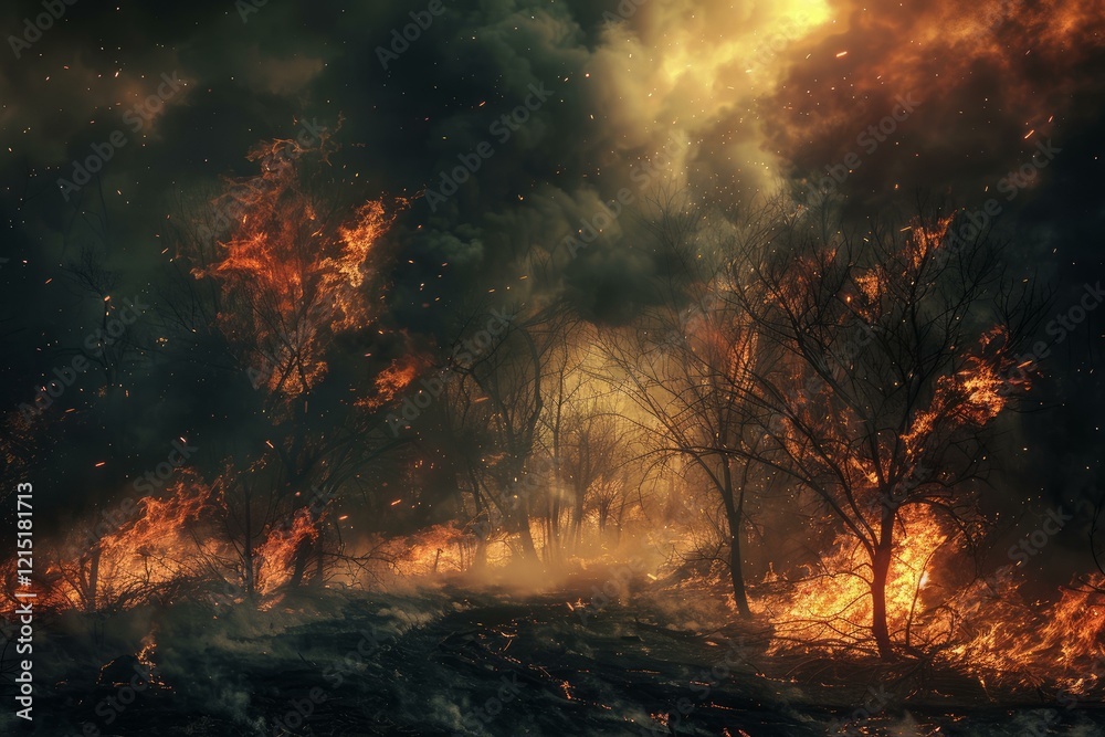 Intense flames engulfing trees and vegetation in a raging forest fire, creating a dramatic and devastating scene under a dark, smoke filled sky Intense flames engulfing trees and vegetation in a raging forest fire, creating a dramatic and devastating scene under a dark, smoke filled sky