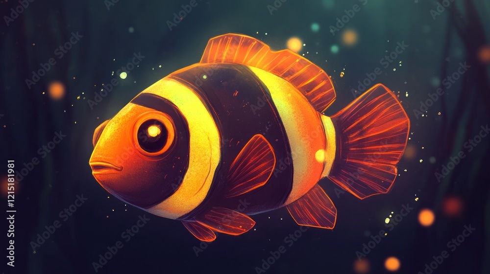 Naklejka premium Ocellaris clownfish swimming, underwater, glowing algae