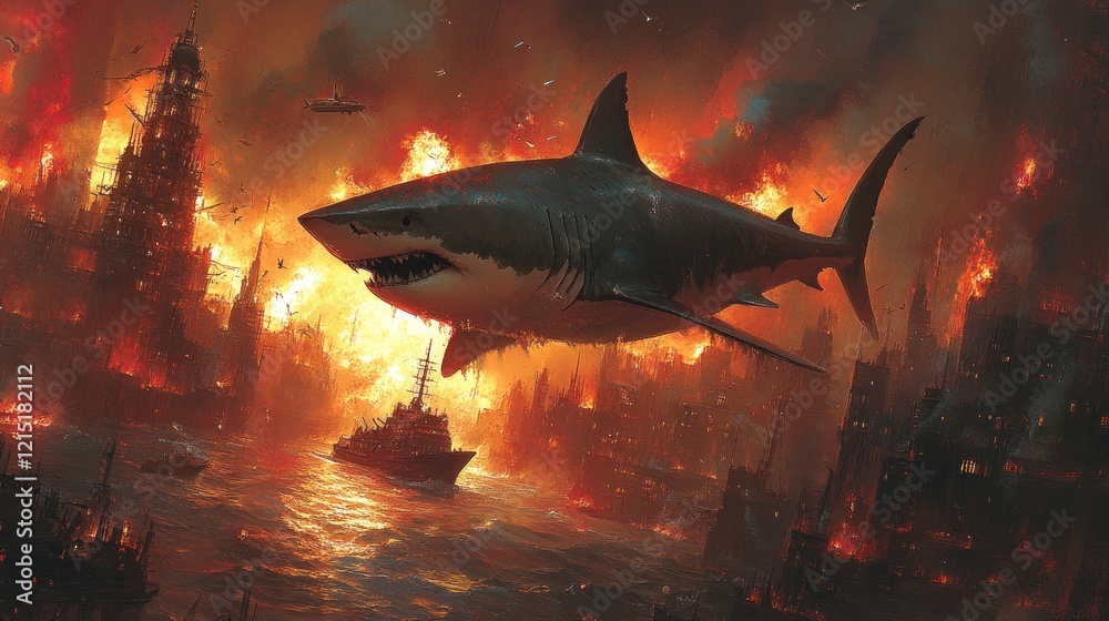 Fototapeta premium Giant shark flies city fire chaos apocalypse