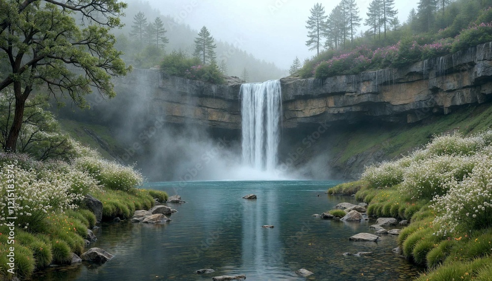 Obraz premium Serene Waterfall Amidst Wildflowers