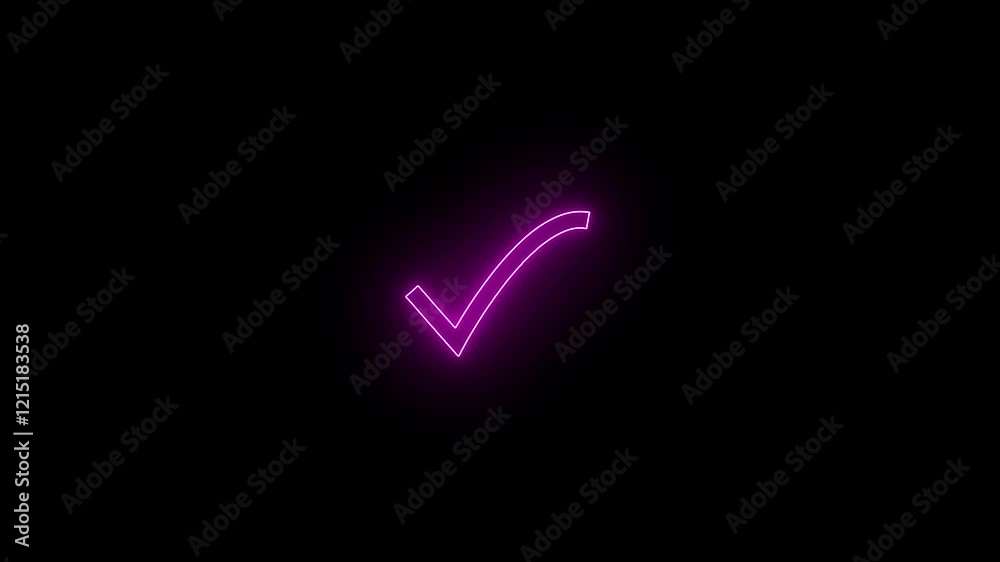 Glowing neon check mark icon animation on black background. Glowing neon check mark icon animation on black background.