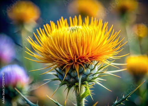 Pakistan Yellow Flower Closeup - Spiky Mediterranean Woolly Distaff Thistle Long Exposure Photography photo