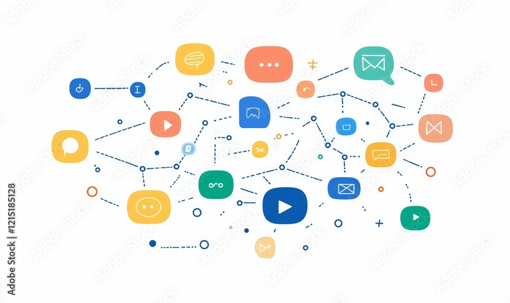 Connecting icons with dashed lines on white background.