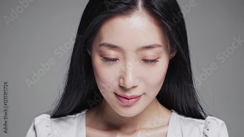 Split Face Woman, Long Hair, White Garment, Neutral Expression, Clinical Background, Advertisement or Study