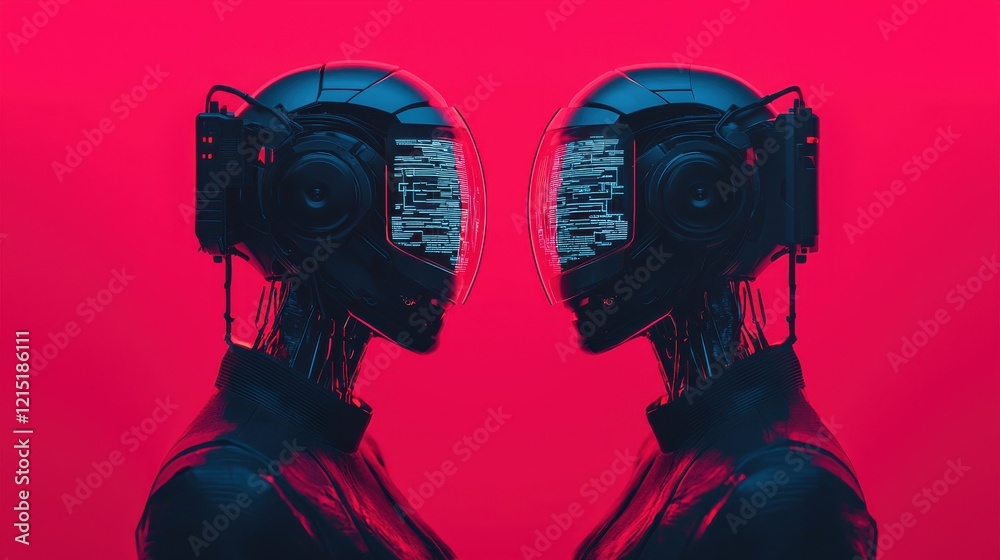 Two futuristic humanoid figures with cybernetic features face each other against a vibrant red background, showcasing advanced technology and art.