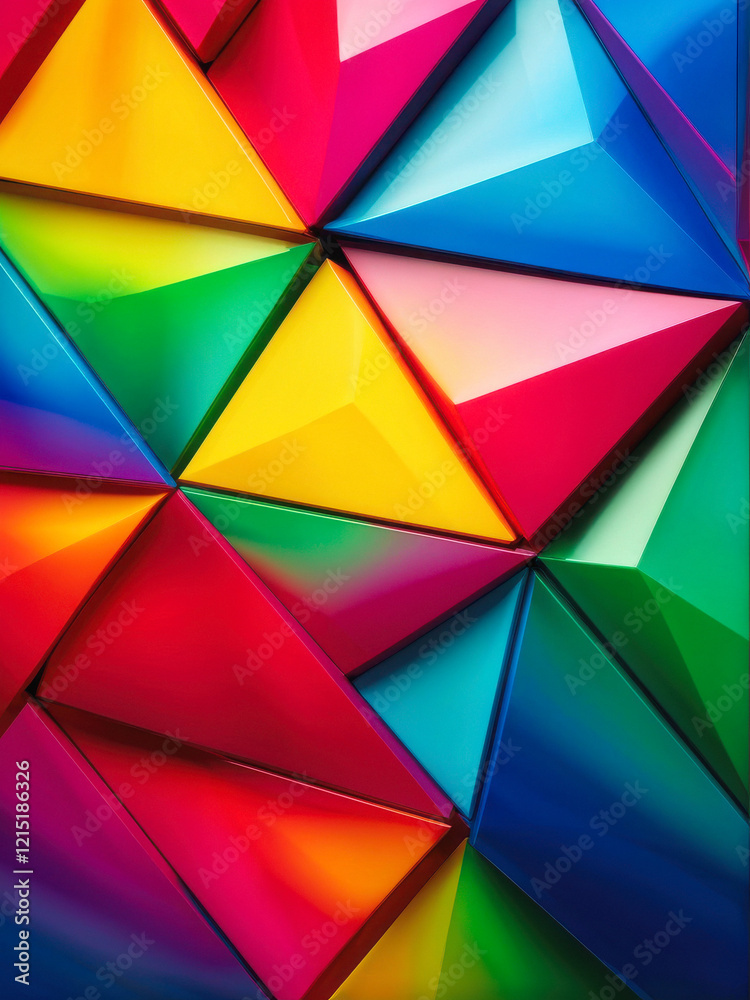 Fototapeta premium A vibrant geometric abstract background featuring triangular facets reflecting rainbow hues. A futuristic and modern design. Generative AI.