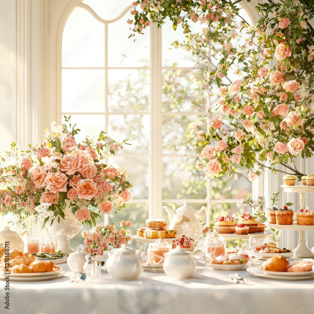 A beautifully arranged table featuring elegant pastries, colorful flowers, and a bright, inviting atmosphere. A beautifully arranged table featuring elegant pastries, colorful flowers, and a bright, inviting atmosphere.