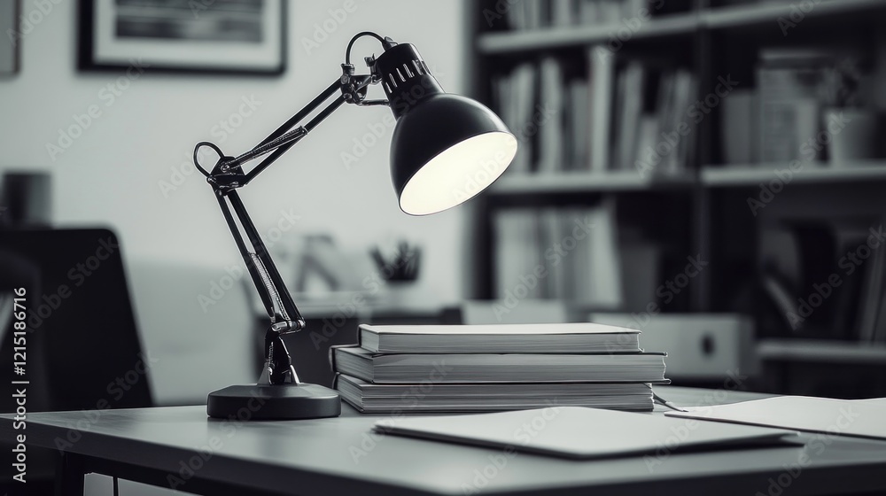 Obraz premium Desk lamp illuminates books, office study
