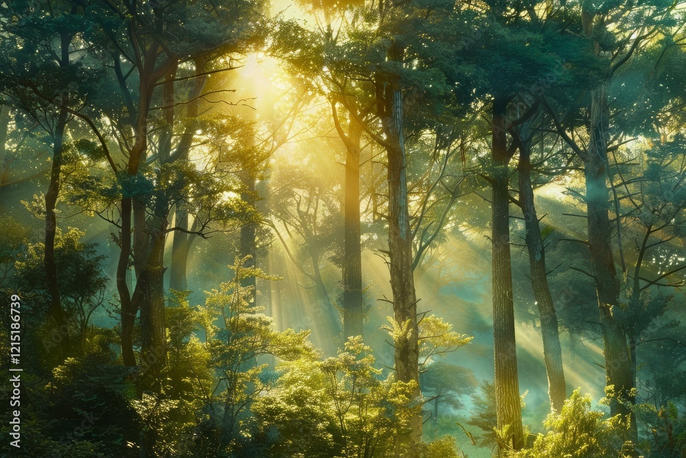 Fototapeta premium Sunbeams illuminate misty woodland creating a magical and enchanting atmosphere
