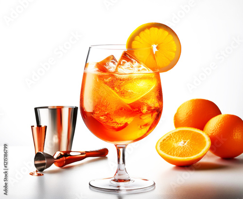 The photo shows the Aperol Spritz cocktail - a bright orange drink based on Aperol, Prosecco and sparkling water, served in a large glass with ice cubes and a slice of orange. The drink looks light an photo