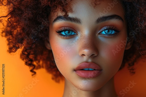 Portrait of a young woman with striking blue eyes and curly hair against an orange background