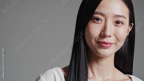 Asian Twins Comparison, Dark-Haired Individuals with Layers and Bangs, Neutral and Smiling Expressions on Blank Background for Family Portraits, Advertising, and Media