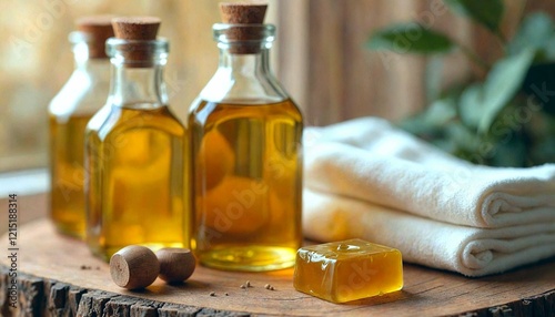 Natural Castor Oil Ingredients on Wooden Surface