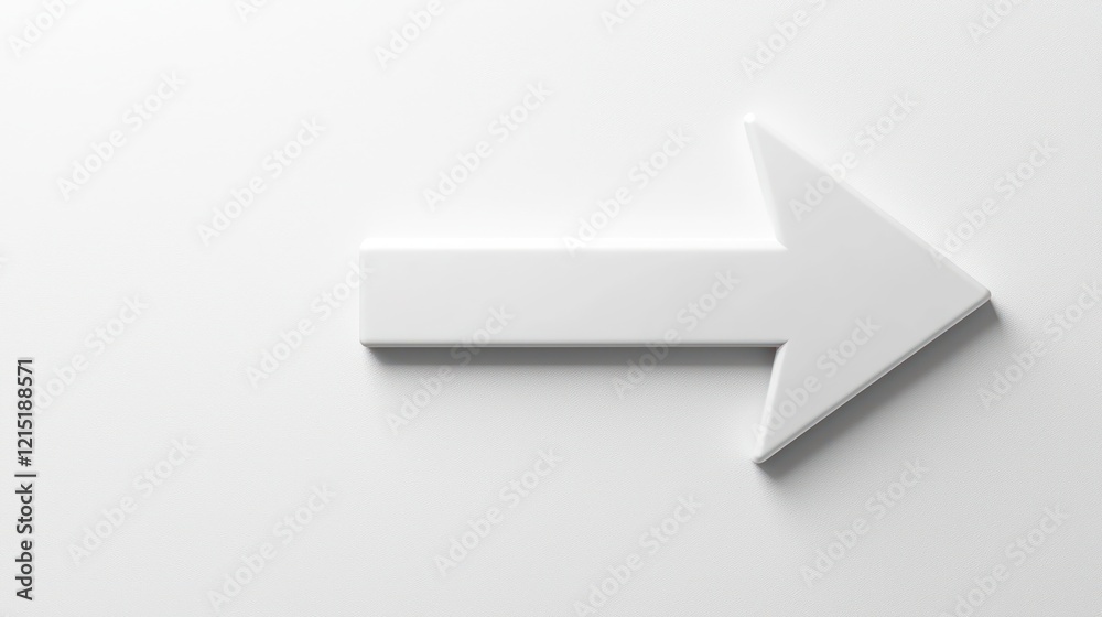 White arrow against a white backdrop in 3D, points right. White arrow against a white backdrop in 3D, points right.