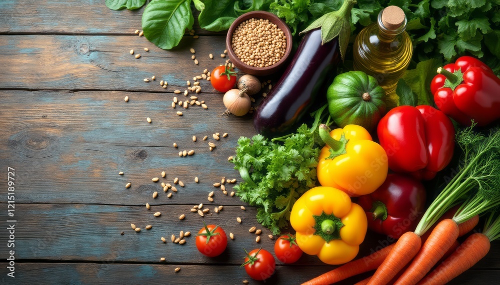 A colorful array of fresh vegetables, including bell peppers, tomatoes, and carrots, is beautifully arranged on a rustic wooden table. The scene is enhanced by the addition of herbs, seeds, and olive A colorful array of fresh vegetables, including bell peppers, tomatoes, and carrots, is beautifully arranged on a rustic wooden table. The scene is enhanced by the addition of herbs, seeds, and olive