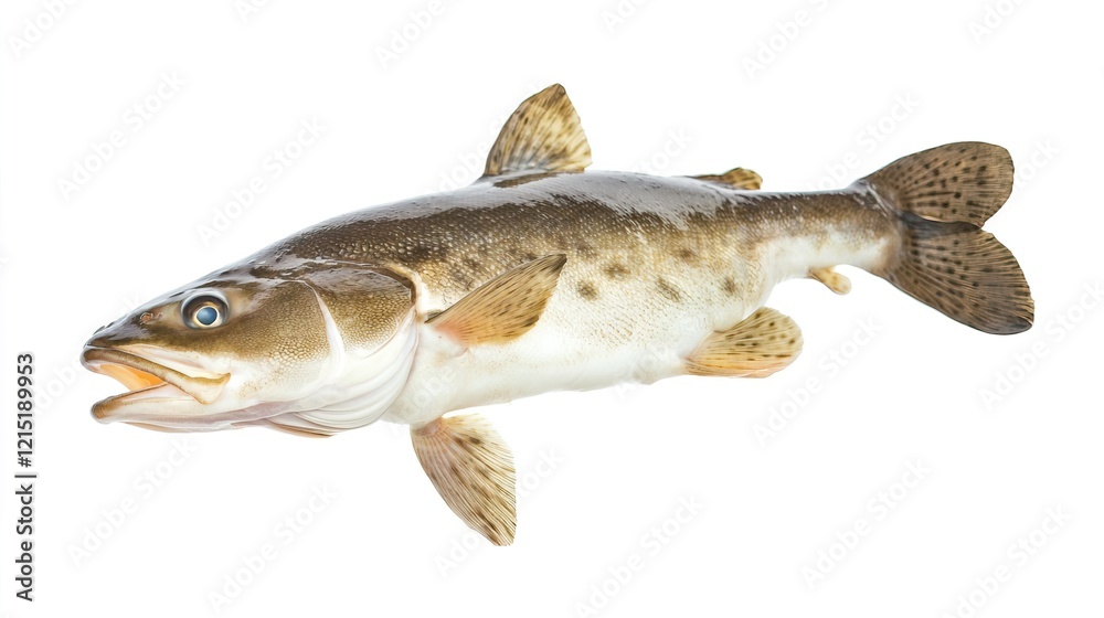Freshwater Fish with Brown Spots Swimming Against White Background Freshwater Fish with Brown Spots Swimming Against White Background