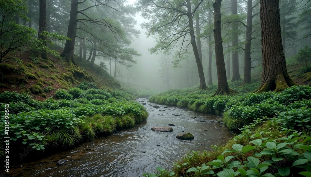 Obraz premium Serene Forest Stream in Pine Grove