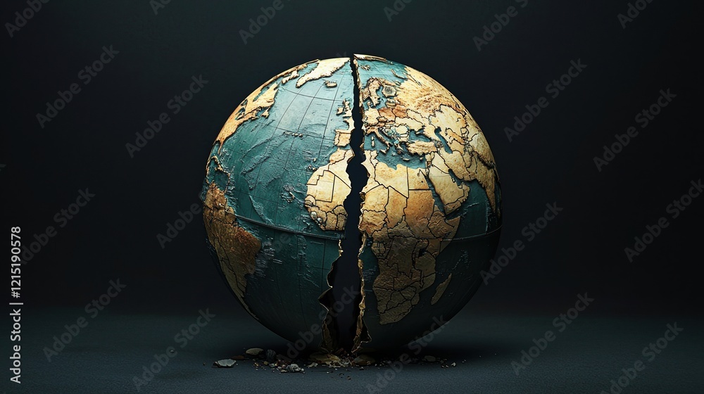 Globe split in two symbolizes division and conflict stemming from tariffs and sanctions, urging global unity and reflection Globe split in two symbolizes division and conflict stemming from tariffs and sanctions, urging global unity and reflection