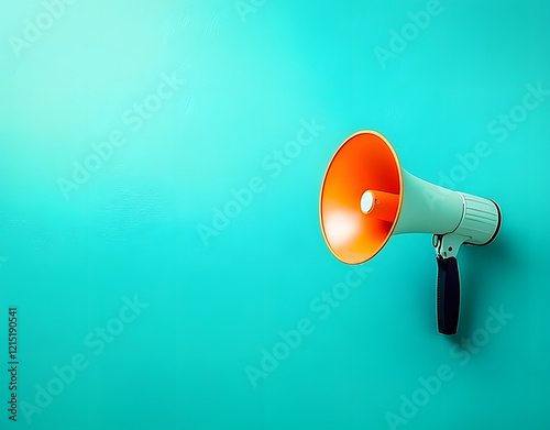 Orange megaphone on turquoise background. Blank megaphone on mint green surface. Call to action in presentation. Call to participate engage. Visual aids for important announcements, summaries.
