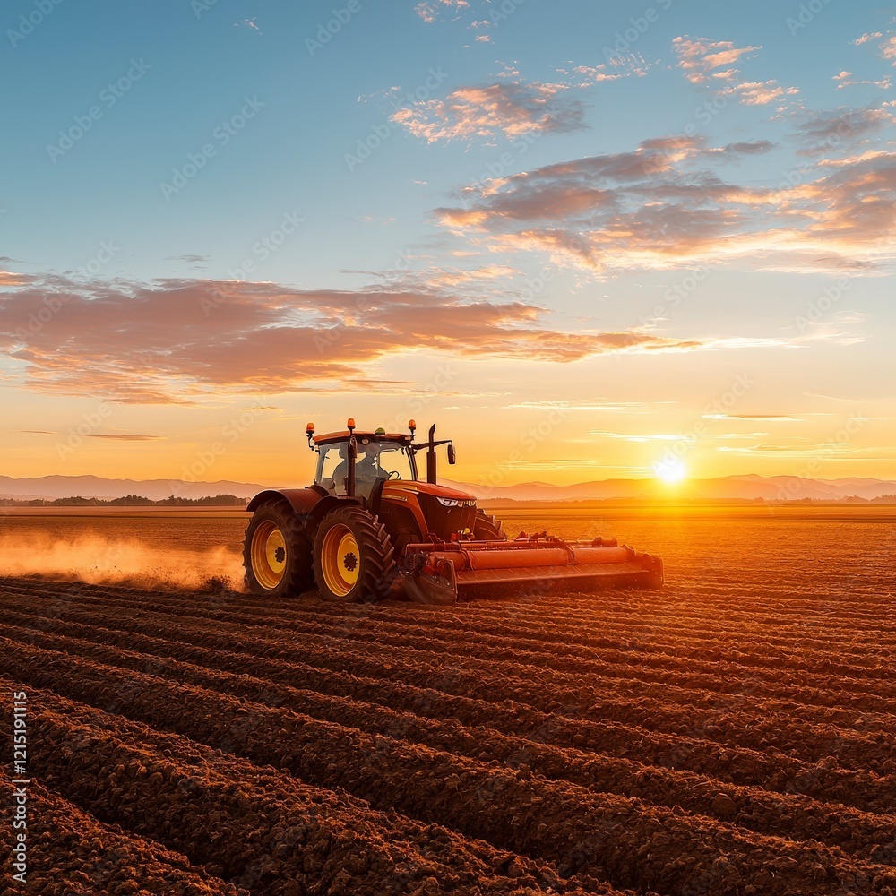 Fototapeta premium A vibrant sunset illuminates a tractor working on freshly plowed soil, showcasing the beauty of agriculture and sustainability.