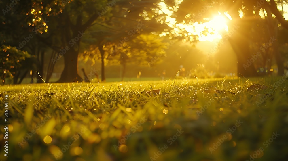 Golden Sunset Illuminates Dewy Grass In Park Golden Sunset Illuminates Dewy Grass In Park