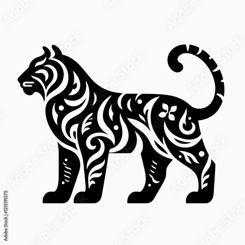  Indian Tiger silhouette in black on a white background