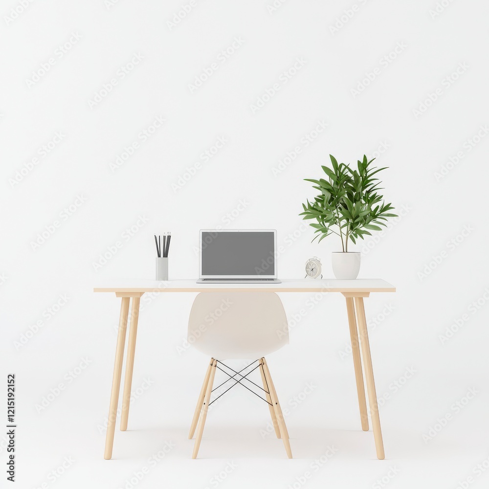 Fototapeta premium Modern workspace featuring a minimalist desk, laptop, plant, and stylish accessories, perfect for productivity and inspiration.