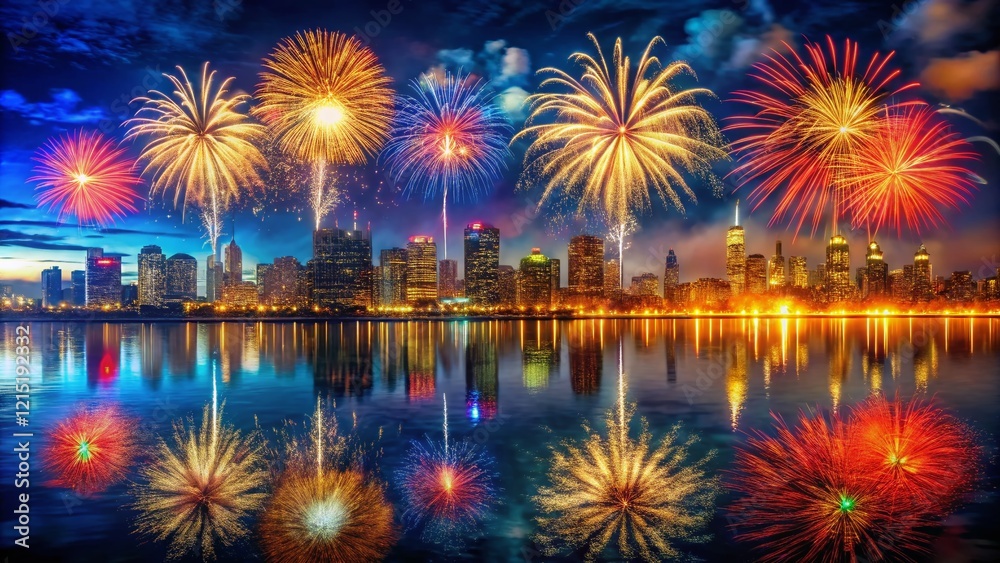 Fototapeta premium Panoramic Fireworks Spectacular: Cityscape Reflection on Water