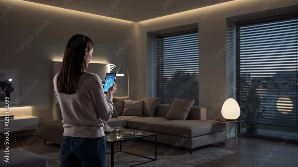 Woman using a tablet to control smart home devices in a modern living room, emphasizing innovation, technology, and convenience