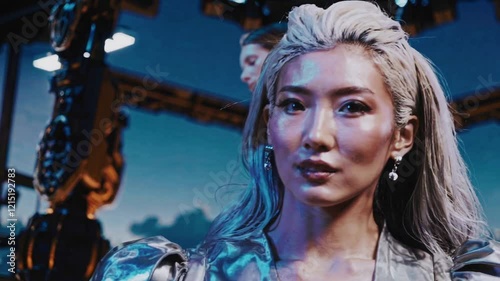 Futuristic Person in Silver Garment, Standing in Industrial Backdrop with Blue Metallic Structures, for Promotional Campaign
