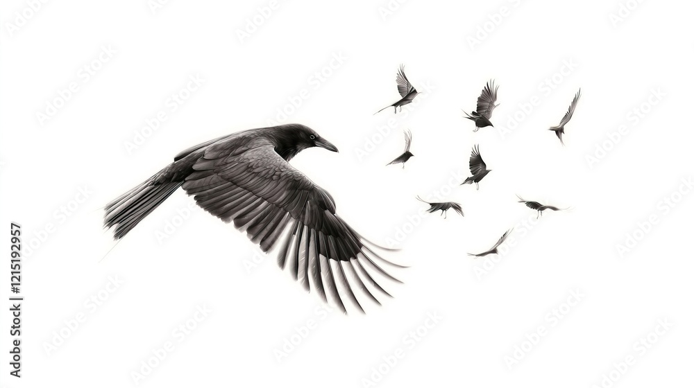 Obraz premium Black Bird Flying Among Small Birds in White Background Scene