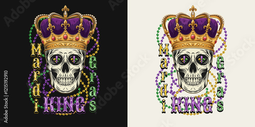 Mardi Gras King label. Emblem with human skull in imperial crown, intertwined interlaced strings of beads, text. Rectangular composition in vintage style.